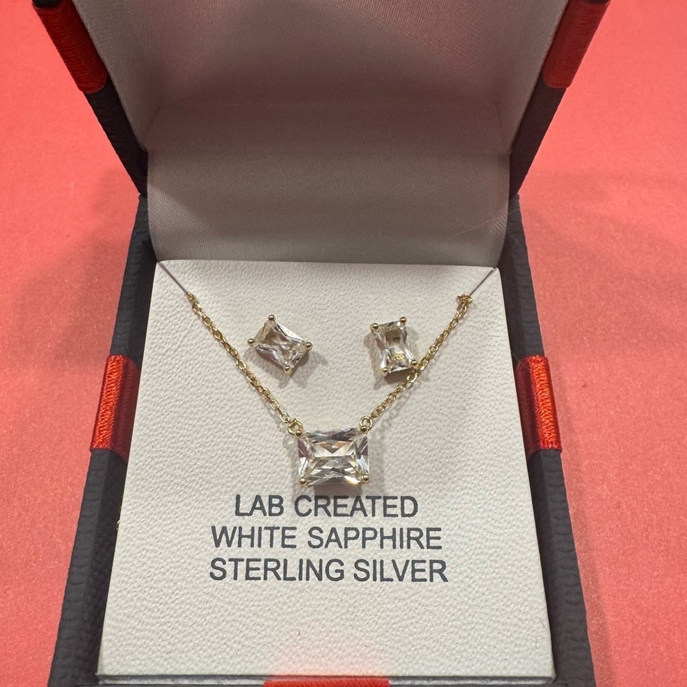 NWT Lab Created White Sapphire Sterling Silver Necklace/Stud Set
